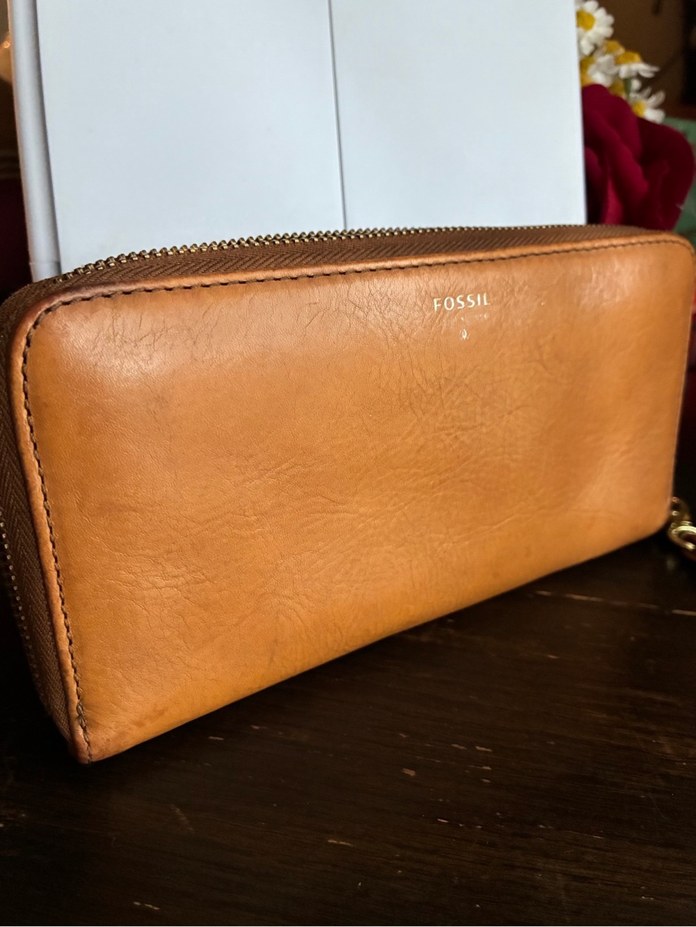 Fossil Tan Leather Zip Wallet